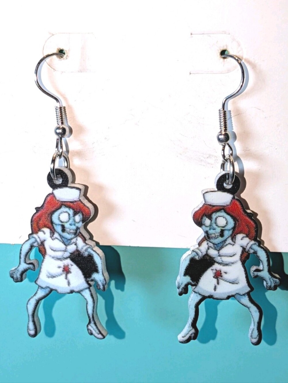 Hand Crafted Red-Haired Nurse Zombie Dangle Earrings - Women Jewelry
